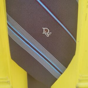 Vintage 90s Christian Dior Silk Tie Chocolate Brown Cream Baby-Blue Stripe